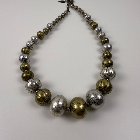Chunky Beaded Necklace Silver Gold  Two Toned‎ Graduated Mixed Metals 20in - Picture 2 of 4
